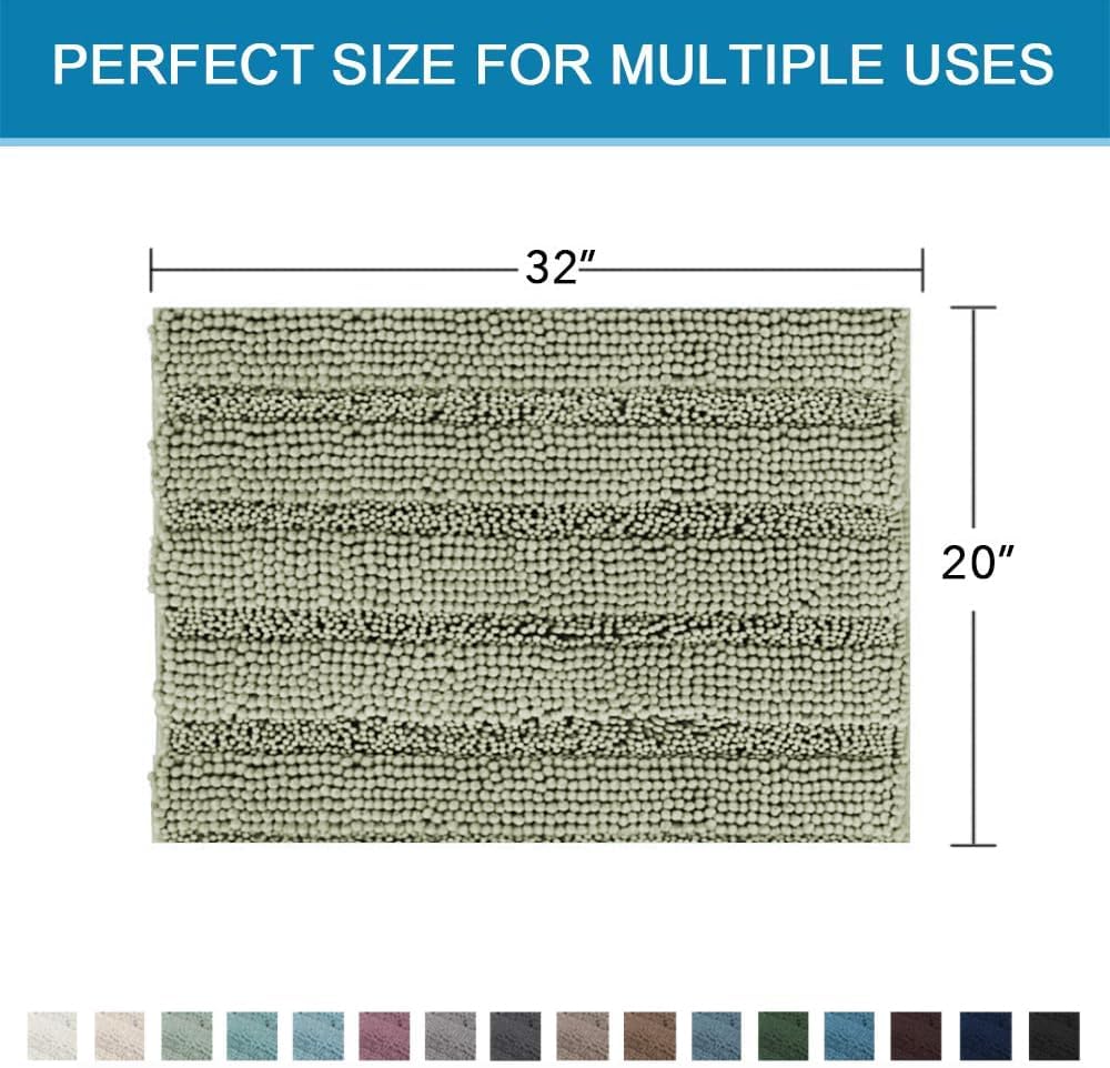 Sage Bathroom Rugs, Bath Mat Set of 2 Extra Thick Chenille Striped Pattern Shaggy Bath Rugs for Bath Room, Non Skid Bath Mats for Bathroom Floor (32 x 20 Plus 24 x 17 - Inches) - Colors A