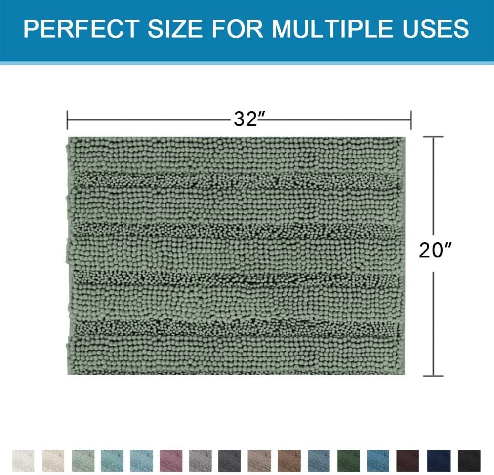 Sage Bathroom Rugs, Bath Mat Set of 2 Extra Thick Chenille Striped Pattern Shaggy Bath Rugs for Bath Room, Non Skid Bath Mats for Bathroom Floor (32 x 20 Plus 24 x 17 - Inches) - Colors A
