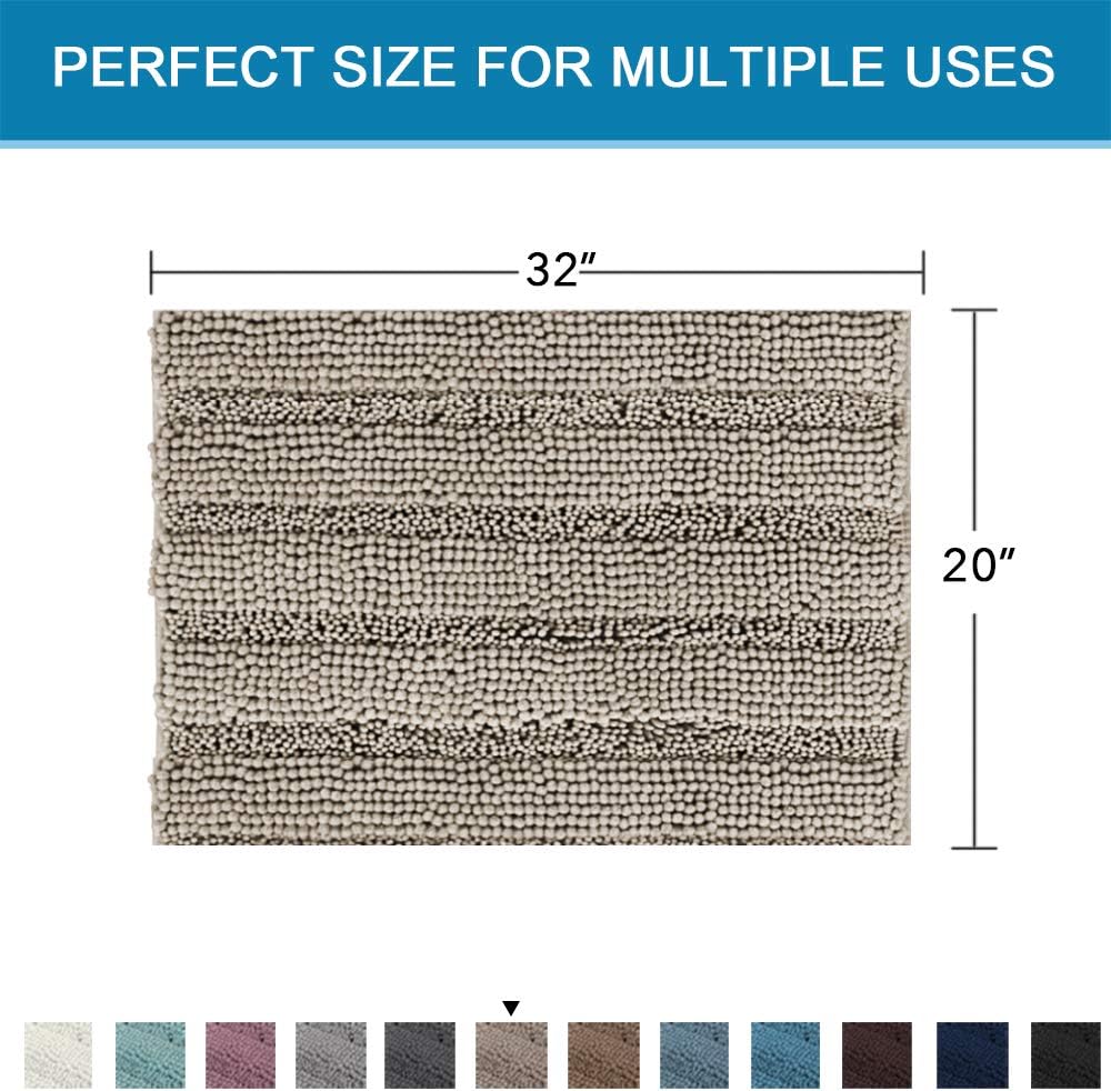 Sage Bathroom Rugs, Bath Mat Set of 2 Extra Thick Chenille Striped Pattern Shaggy Bath Rugs for Bath Room, Non Skid Bath Mats for Bathroom Floor (32 x 20 Plus 24 x 17 - Inches) - Colors A