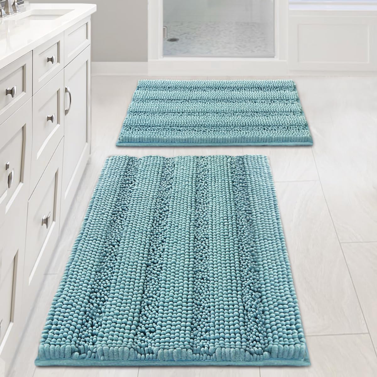 Sage Bathroom Rugs, Bath Mat Set of 2 Extra Thick Chenille Striped Pattern Shaggy Bath Rugs for Bath Room, Non Skid Bath Mats for Bathroom Floor (32 x 20 Plus 24 x 17 - Inches) - Colors A