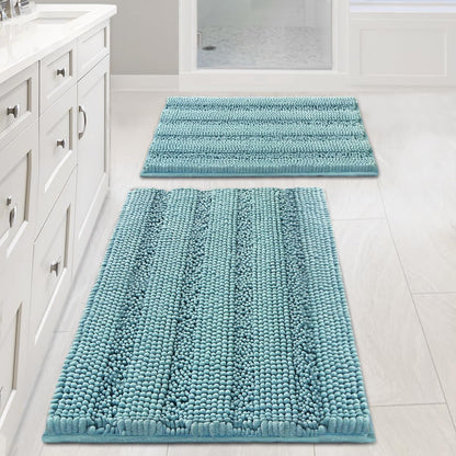 Sage Bathroom Rugs, Bath Mat Set of 2 Extra Thick Chenille Striped Pattern Shaggy Bath Rugs for Bath Room, Non Skid Bath Mats for Bathroom Floor (32 x 20 Plus 24 x 17 - Inches) - Colors A