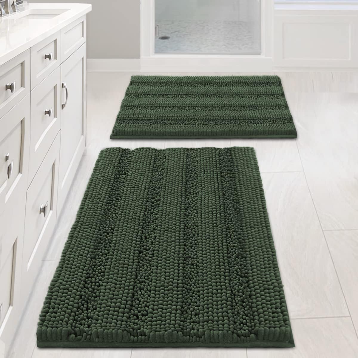 Sage Bathroom Rugs, Bath Mat Set of 2 Extra Thick Chenille Striped Pattern Shaggy Bath Rugs for Bath Room, Non Skid Bath Mats for Bathroom Floor (32 x 20 Plus 24 x 17 - Inches) - Colors A
