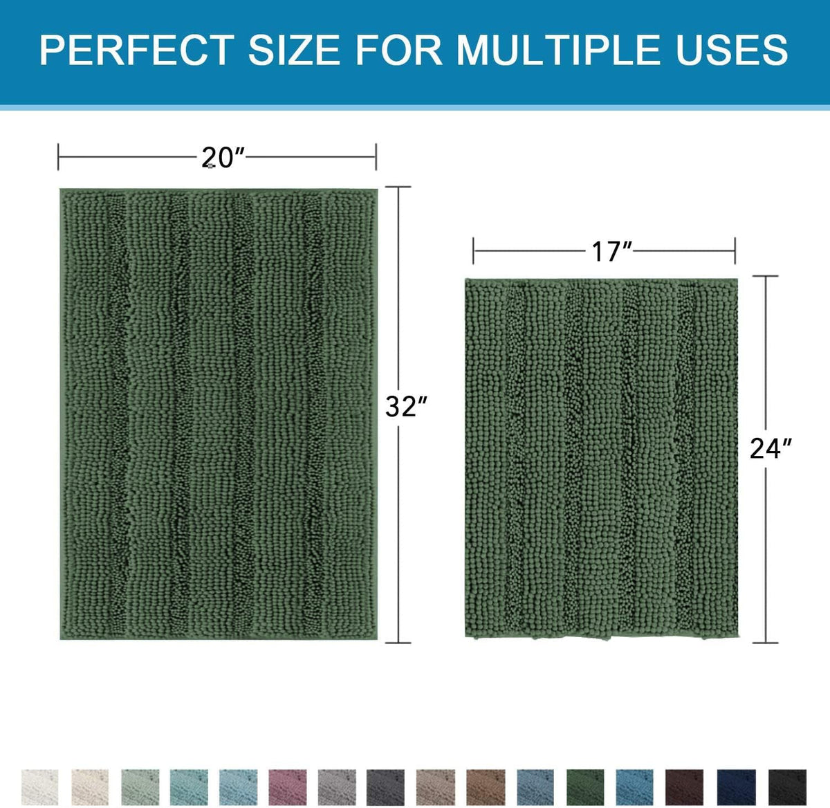 Sage Bathroom Rugs, Bath Mat Set of 2 Extra Thick Chenille Striped Pattern Shaggy Bath Rugs for Bath Room, Non Skid Bath Mats for Bathroom Floor (32 x 20 Plus 24 x 17 - Inches) - Colors A
