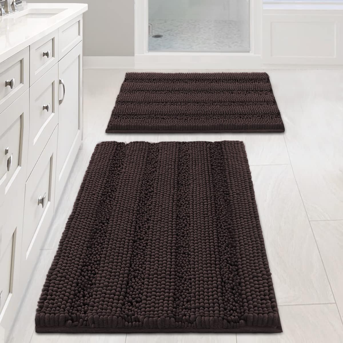 Sage Bathroom Rugs, Bath Mat Set of 2 Extra Thick Chenille Striped Pattern Shaggy Bath Rugs for Bath Room, Non Skid Bath Mats for Bathroom Floor (32 x 20 Plus 24 x 17 - Inches) - Colors A