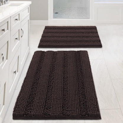Sage Bathroom Rugs, Bath Mat Set of 2 Extra Thick Chenille Striped Pattern Shaggy Bath Rugs for Bath Room, Non Skid Bath Mats for Bathroom Floor (32 x 20 Plus 24 x 17 - Inches) - Colors A