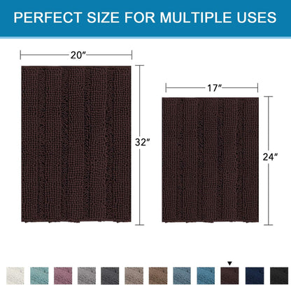Sage Bathroom Rugs, Bath Mat Set of 2 Extra Thick Chenille Striped Pattern Shaggy Bath Rugs for Bath Room, Non Skid Bath Mats for Bathroom Floor (32 x 20 Plus 24 x 17 - Inches) - Colors A