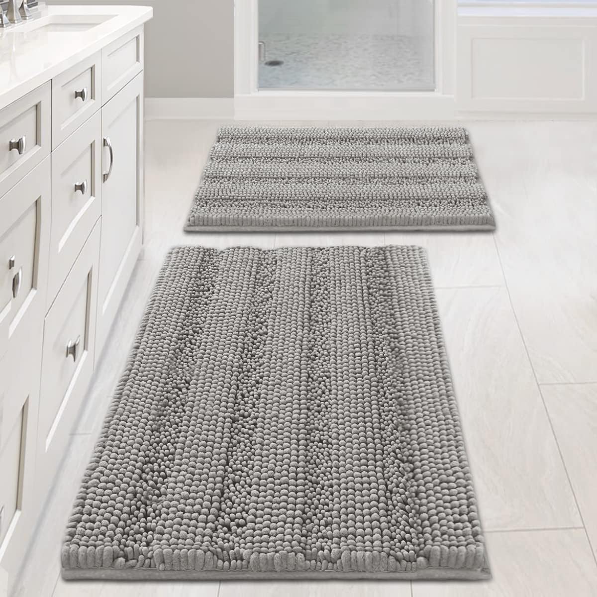 Sage Bathroom Rugs, Bath Mat Set of 2 Extra Thick Chenille Striped Pattern Shaggy Bath Rugs for Bath Room, Non Skid Bath Mats for Bathroom Floor (32 x 20 Plus 24 x 17 - Inches) - Colors A