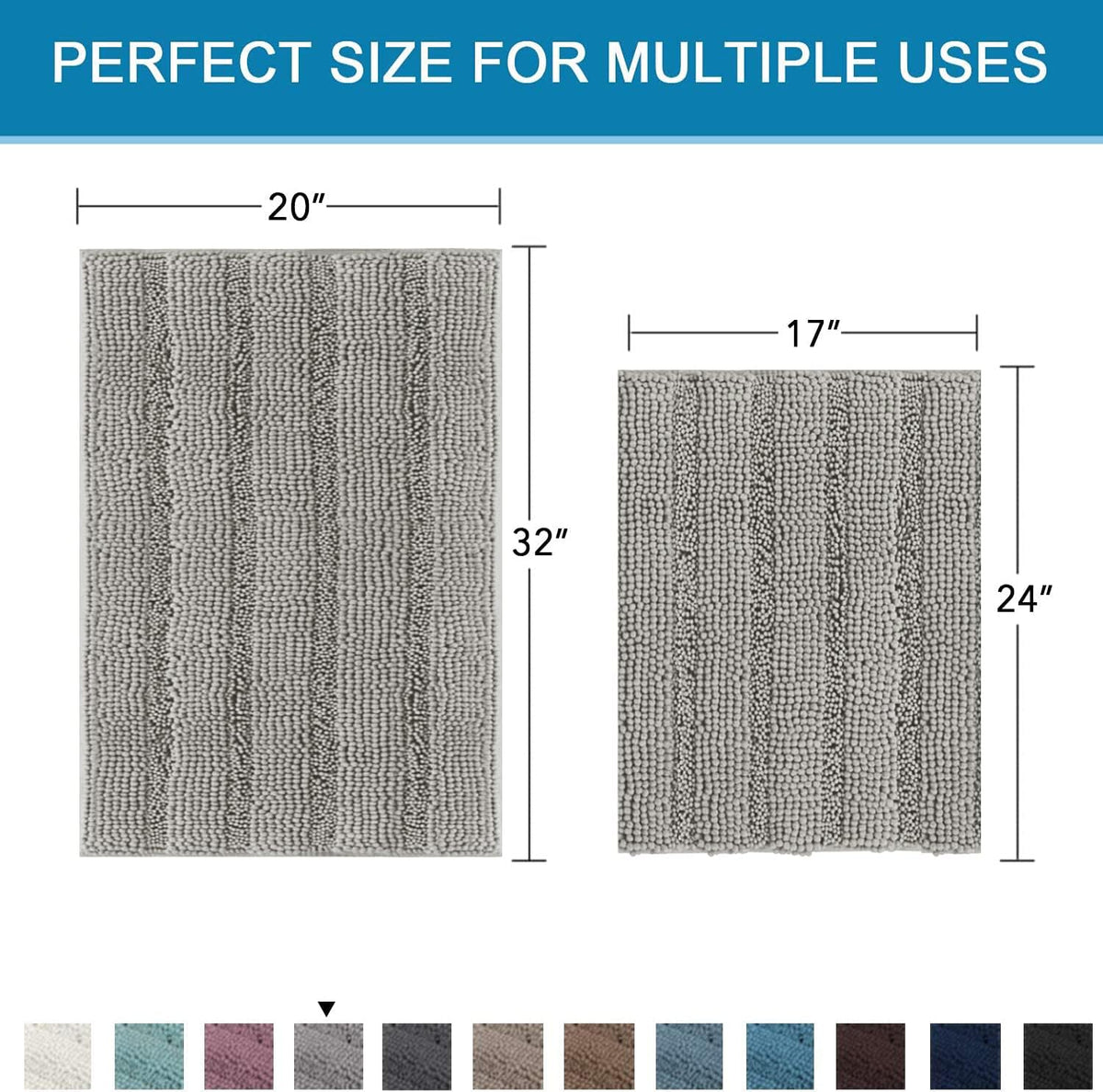 Sage Bathroom Rugs, Bath Mat Set of 2 Extra Thick Chenille Striped Pattern Shaggy Bath Rugs for Bath Room, Non Skid Bath Mats for Bathroom Floor (32 x 20 Plus 24 x 17 - Inches) - Colors A