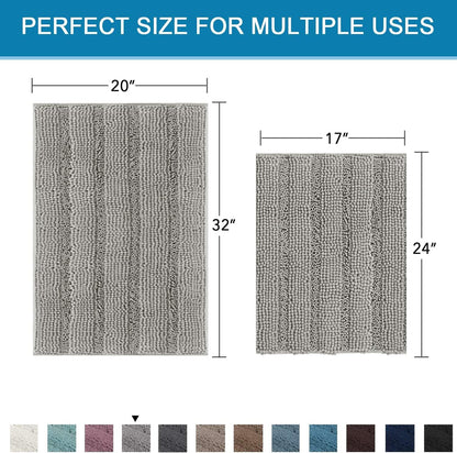 Sage Bathroom Rugs, Bath Mat Set of 2 Extra Thick Chenille Striped Pattern Shaggy Bath Rugs for Bath Room, Non Skid Bath Mats for Bathroom Floor (32 x 20 Plus 24 x 17 - Inches) - Colors A