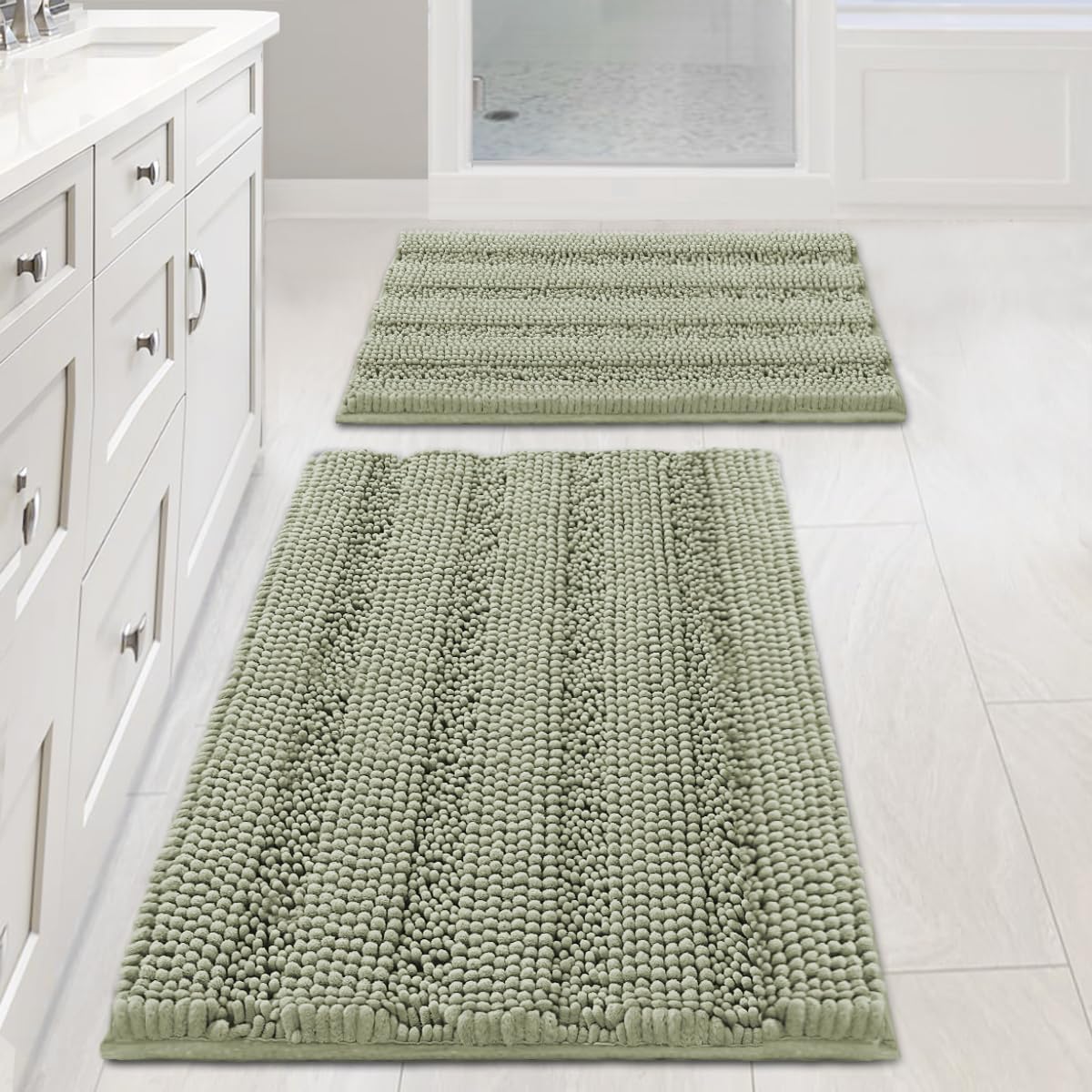 Sage Bathroom Rugs, Bath Mat Set of 2 Extra Thick Chenille Striped Pattern Shaggy Bath Rugs for Bath Room, Non Skid Bath Mats for Bathroom Floor (32 x 20 Plus 24 x 17 - Inches) - Colors A