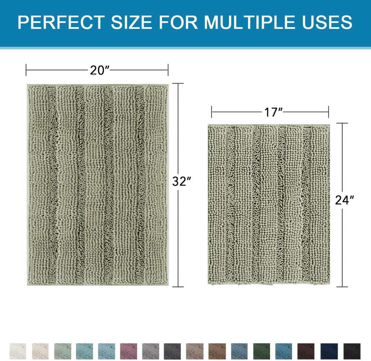 Sage Bathroom Rugs, Bath Mat Set of 2 Extra Thick Chenille Striped Pattern Shaggy Bath Rugs for Bath Room, Non Skid Bath Mats for Bathroom Floor (32 x 20 Plus 24 x 17 - Inches) - Colors A