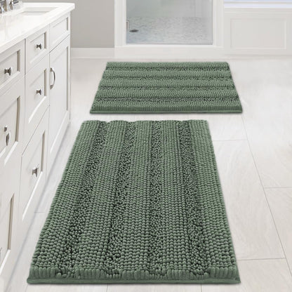 Sage Bathroom Rugs, Bath Mat Set of 2 Extra Thick Chenille Striped Pattern Shaggy Bath Rugs for Bath Room, Non Skid Bath Mats for Bathroom Floor (32 x 20 Plus 24 x 17 - Inches) - Colors A