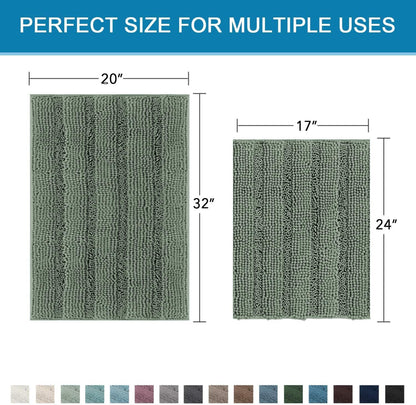 Sage Bathroom Rugs, Bath Mat Set of 2 Extra Thick Chenille Striped Pattern Shaggy Bath Rugs for Bath Room, Non Skid Bath Mats for Bathroom Floor (32 x 20 Plus 24 x 17 - Inches) - Colors A