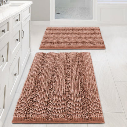 Sage Bathroom Rugs, Bath Mat Set of 2 Extra Thick Chenille Striped Pattern Shaggy Bath Rugs for Bath Room, Non Skid Bath Mats for Bathroom Floor (32 x 20 Plus 24 x 17 - Inches) - Colors A