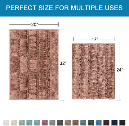 Sage Bathroom Rugs, Bath Mat Set of 2 Extra Thick Chenille Striped Pattern Shaggy Bath Rugs for Bath Room, Non Skid Bath Mats for Bathroom Floor (32 x 20 Plus 24 x 17 - Inches) - Colors A