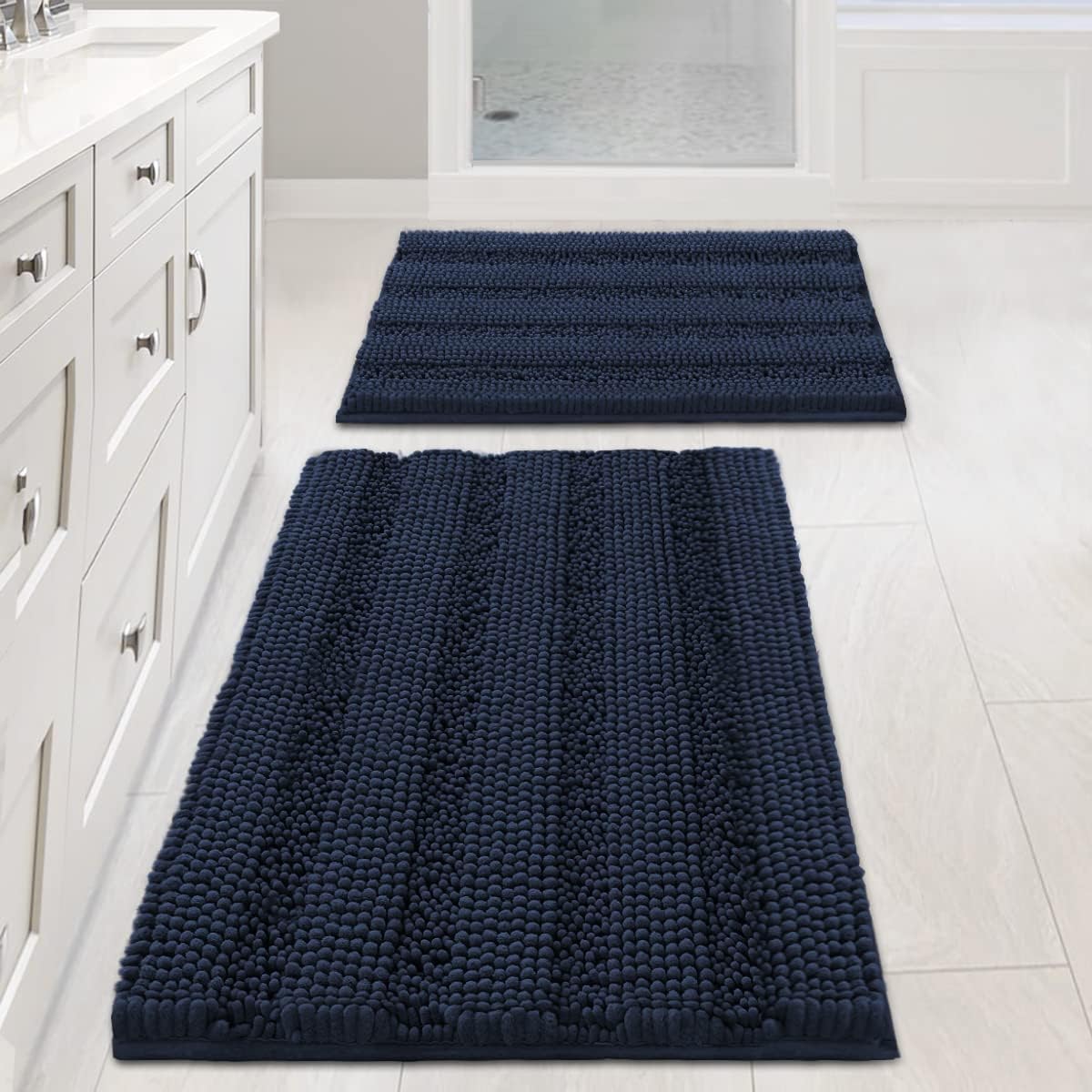 Sage Bathroom Rugs, Bath Mat Set of 2 Extra Thick Chenille Striped Pattern Shaggy Bath Rugs for Bath Room, Non Skid Bath Mats for Bathroom Floor (32 x 20 Plus 24 x 17 - Inches) - Colors A