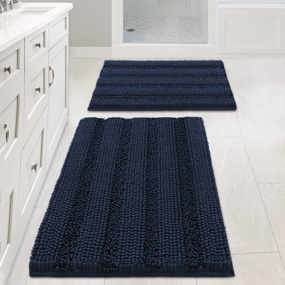 Sage Bathroom Rugs, Bath Mat Set of 2 Extra Thick Chenille Striped Pattern Shaggy Bath Rugs for Bath Room, Non Skid Bath Mats for Bathroom Floor (32 x 20 Plus 24 x 17 - Inches) - Colors A