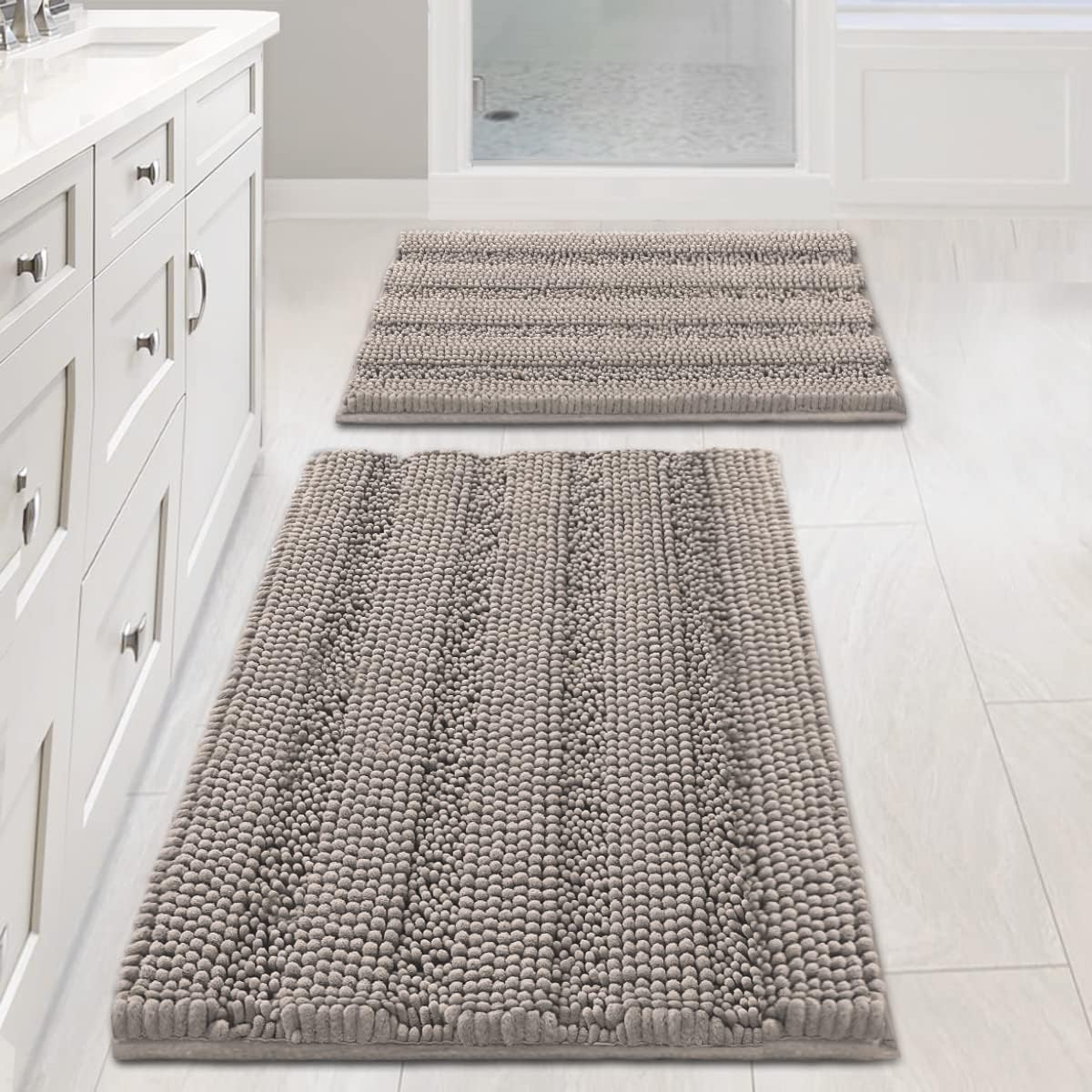 Sage Bathroom Rugs, Bath Mat Set of 2 Extra Thick Chenille Striped Pattern Shaggy Bath Rugs for Bath Room, Non Skid Bath Mats for Bathroom Floor (32 x 20 Plus 24 x 17 - Inches) - Colors A