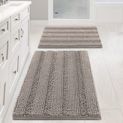 Sage Bathroom Rugs, Bath Mat Set of 2 Extra Thick Chenille Striped Pattern Shaggy Bath Rugs for Bath Room, Non Skid Bath Mats for Bathroom Floor (32 x 20 Plus 24 x 17 - Inches) - Colors A