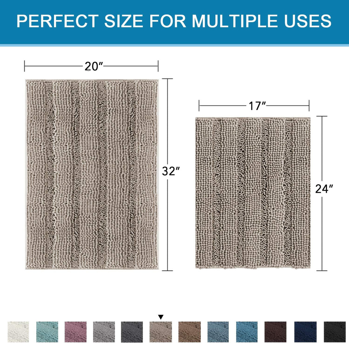 Sage Bathroom Rugs, Bath Mat Set of 2 Extra Thick Chenille Striped Pattern Shaggy Bath Rugs for Bath Room, Non Skid Bath Mats for Bathroom Floor (32 x 20 Plus 24 x 17 - Inches) - Colors A
