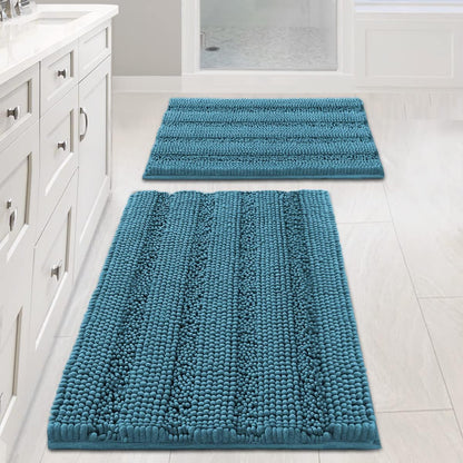 Sage Bathroom Rugs, Bath Mat Set of 2 Extra Thick Chenille Striped Pattern Shaggy Bath Rugs for Bath Room, Non Skid Bath Mats for Bathroom Floor (32 x 20 Plus 24 x 17 - Inches) - Colors A