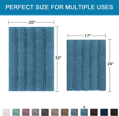 Sage Bathroom Rugs, Bath Mat Set of 2 Extra Thick Chenille Striped Pattern Shaggy Bath Rugs for Bath Room, Non Skid Bath Mats for Bathroom Floor (32 x 20 Plus 24 x 17 - Inches) - Colors A