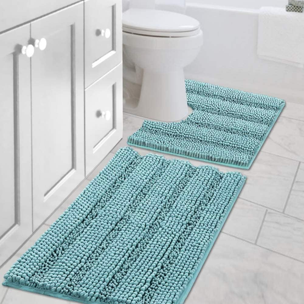 Sage Bathroom Rugs, Bath Mat Set of 2 Extra Thick Chenille Striped Pattern Shaggy Bath Rugs for Bath Room, Non Skid Bath Mats for Bathroom Floor (32 x 20 Plus 24 x 17 - Inches) - Colors A