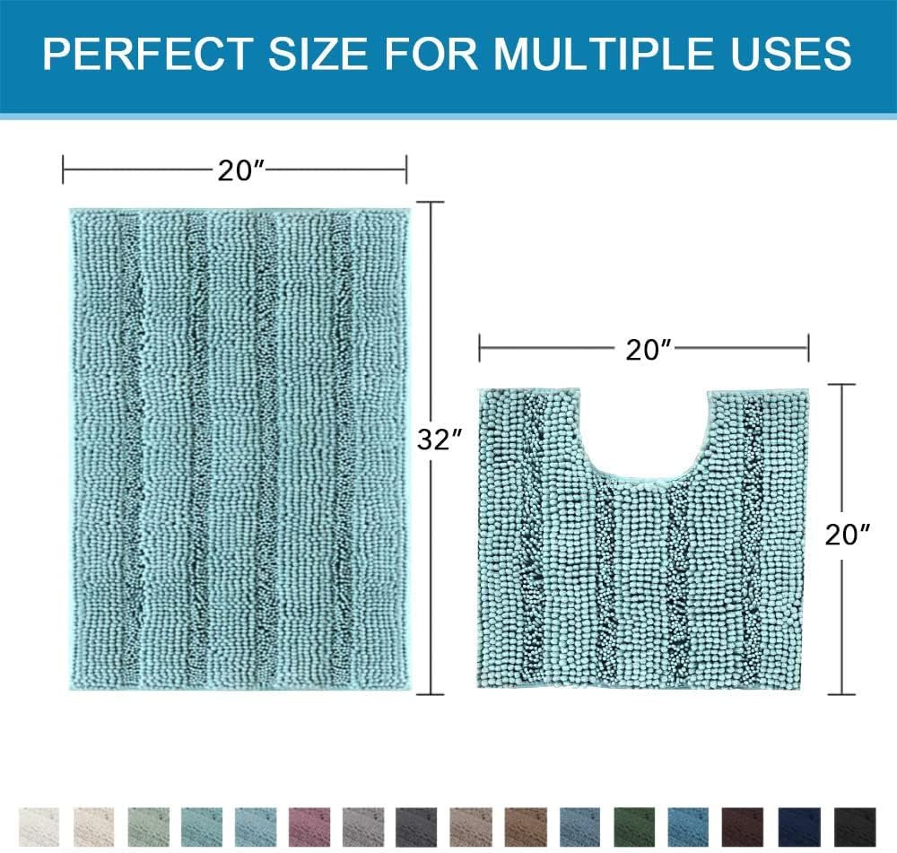 Sage Bathroom Rugs, Bath Mat Set of 2 Extra Thick Chenille Striped Pattern Shaggy Bath Rugs for Bath Room, Non Skid Bath Mats for Bathroom Floor (32 x 20 Plus 24 x 17 - Inches) - Colors A