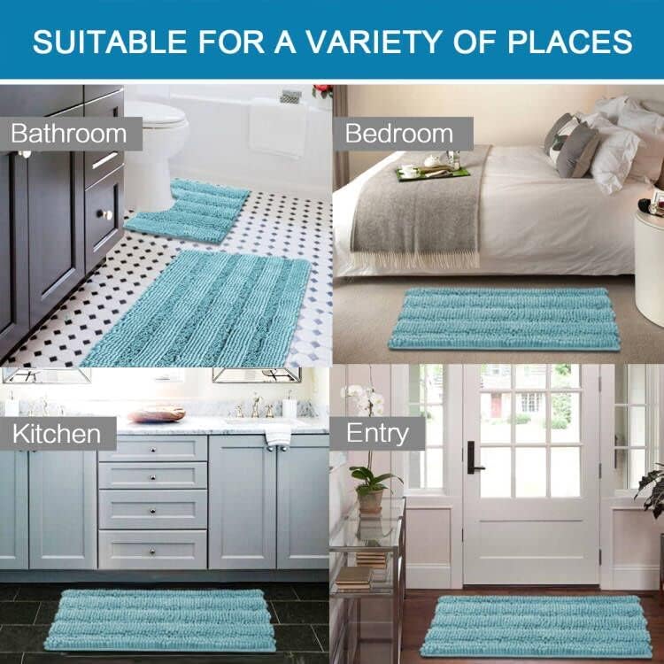 Sage Bathroom Rugs, Bath Mat Set of 2 Extra Thick Chenille Striped Pattern Shaggy Bath Rugs for Bath Room, Non Skid Bath Mats for Bathroom Floor (32 x 20 Plus 24 x 17 - Inches) - Colors A