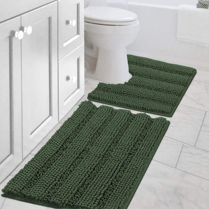 Sage Bathroom Rugs, Bath Mat Set of 2 Extra Thick Chenille Striped Pattern Shaggy Bath Rugs for Bath Room, Non Skid Bath Mats for Bathroom Floor (32 x 20 Plus 24 x 17 - Inches) - Colors A