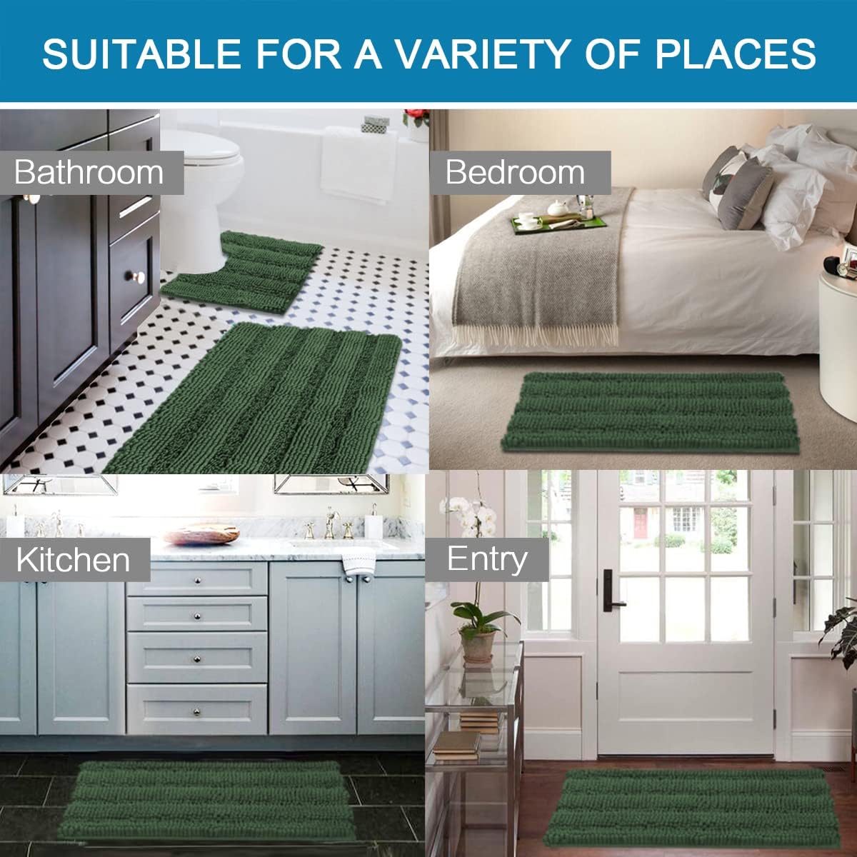 Sage Bathroom Rugs, Bath Mat Set of 2 Extra Thick Chenille Striped Pattern Shaggy Bath Rugs for Bath Room, Non Skid Bath Mats for Bathroom Floor (32 x 20 Plus 24 x 17 - Inches) - Colors A