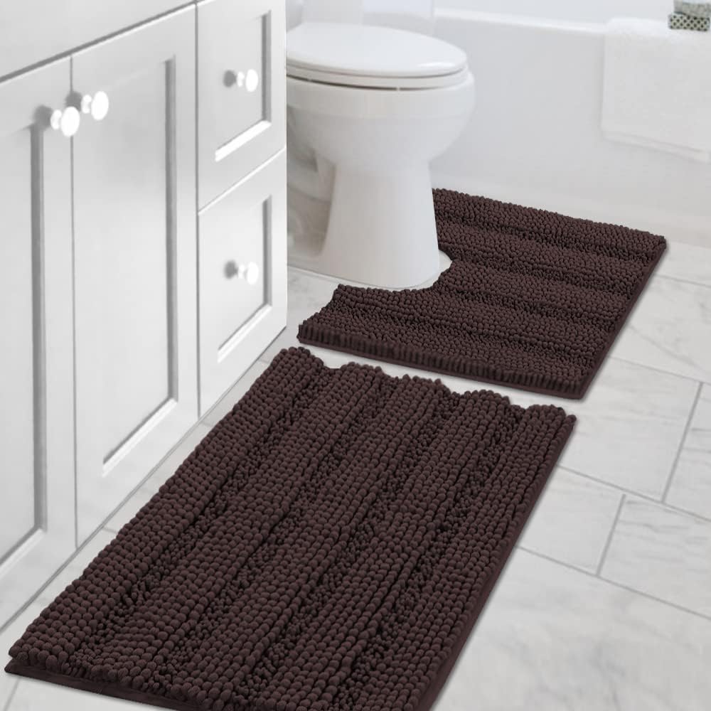 Sage Bathroom Rugs, Bath Mat Set of 2 Extra Thick Chenille Striped Pattern Shaggy Bath Rugs for Bath Room, Non Skid Bath Mats for Bathroom Floor (32 x 20 Plus 24 x 17 - Inches) - Colors A