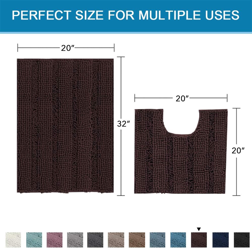 Sage Bathroom Rugs, Bath Mat Set of 2 Extra Thick Chenille Striped Pattern Shaggy Bath Rugs for Bath Room, Non Skid Bath Mats for Bathroom Floor (32 x 20 Plus 24 x 17 - Inches) - Colors A