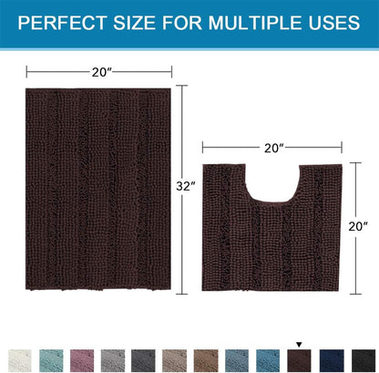 Sage Bathroom Rugs, Bath Mat Set of 2 Extra Thick Chenille Striped Pattern Shaggy Bath Rugs for Bath Room, Non Skid Bath Mats for Bathroom Floor (32 x 20 Plus 24 x 17 - Inches) - Colors A