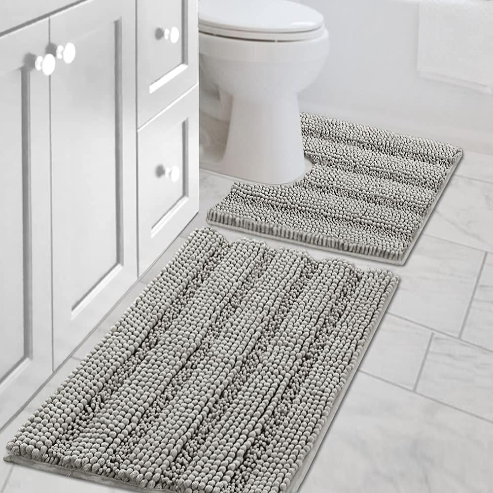 Sage Bathroom Rugs, Bath Mat Set of 2 Extra Thick Chenille Striped Pattern Shaggy Bath Rugs for Bath Room, Non Skid Bath Mats for Bathroom Floor (32 x 20 Plus 24 x 17 - Inches) - Colors A