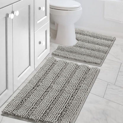 Sage Bathroom Rugs, Bath Mat Set of 2 Extra Thick Chenille Striped Pattern Shaggy Bath Rugs for Bath Room, Non Skid Bath Mats for Bathroom Floor (32 x 20 Plus 24 x 17 - Inches) - Colors A