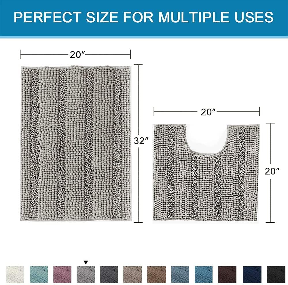 Sage Bathroom Rugs, Bath Mat Set of 2 Extra Thick Chenille Striped Pattern Shaggy Bath Rugs for Bath Room, Non Skid Bath Mats for Bathroom Floor (32 x 20 Plus 24 x 17 - Inches) - Colors A