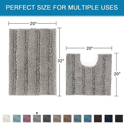 Sage Bathroom Rugs, Bath Mat Set of 2 Extra Thick Chenille Striped Pattern Shaggy Bath Rugs for Bath Room, Non Skid Bath Mats for Bathroom Floor (32 x 20 Plus 24 x 17 - Inches) - Colors A