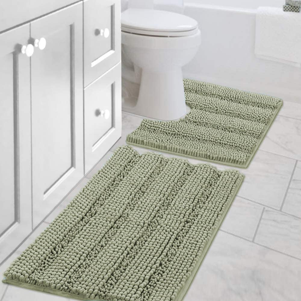 Sage Bathroom Rugs, Bath Mat Set of 2 Extra Thick Chenille Striped Pattern Shaggy Bath Rugs for Bath Room, Non Skid Bath Mats for Bathroom Floor (32 x 20 Plus 24 x 17 - Inches) - Colors A