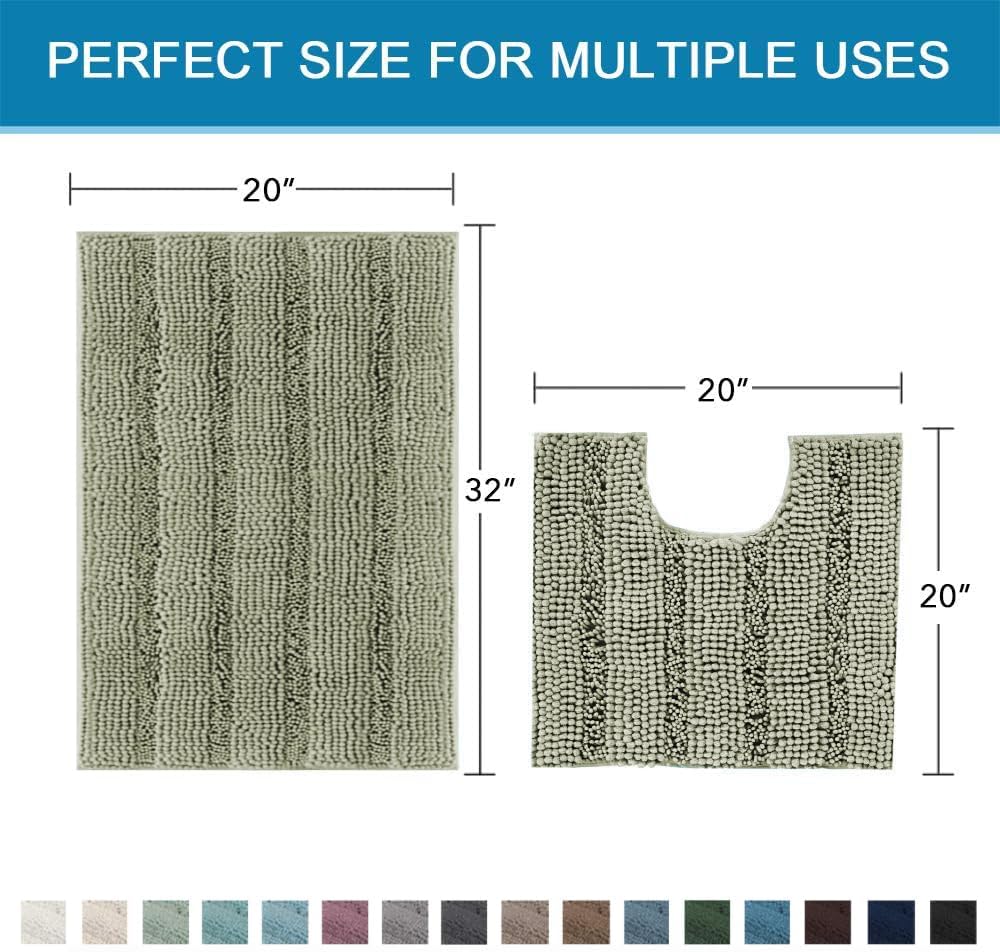 Sage Bathroom Rugs, Bath Mat Set of 2 Extra Thick Chenille Striped Pattern Shaggy Bath Rugs for Bath Room, Non Skid Bath Mats for Bathroom Floor (32 x 20 Plus 24 x 17 - Inches) - Colors A