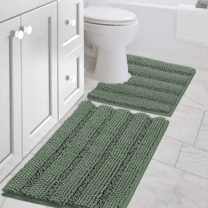 Sage Bathroom Rugs, Bath Mat Set of 2 Extra Thick Chenille Striped Pattern Shaggy Bath Rugs for Bath Room, Non Skid Bath Mats for Bathroom Floor (32 x 20 Plus 24 x 17 - Inches) - Colors A