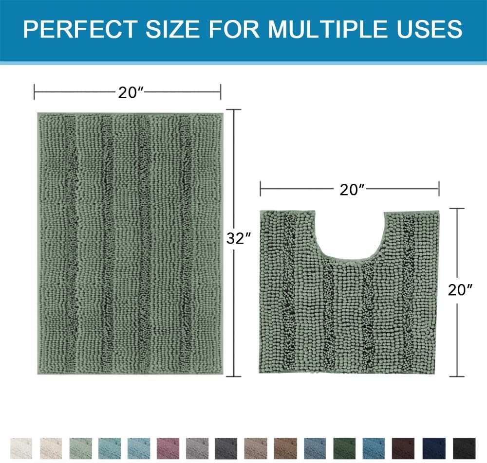 Sage Bathroom Rugs, Bath Mat Set of 2 Extra Thick Chenille Striped Pattern Shaggy Bath Rugs for Bath Room, Non Skid Bath Mats for Bathroom Floor (32 x 20 Plus 24 x 17 - Inches) - Colors A