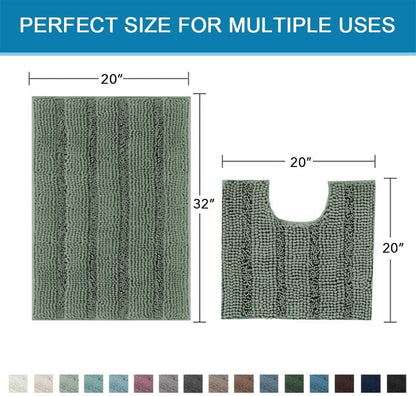 Sage Bathroom Rugs, Bath Mat Set of 2 Extra Thick Chenille Striped Pattern Shaggy Bath Rugs for Bath Room, Non Skid Bath Mats for Bathroom Floor (32 x 20 Plus 24 x 17 - Inches) - Colors A