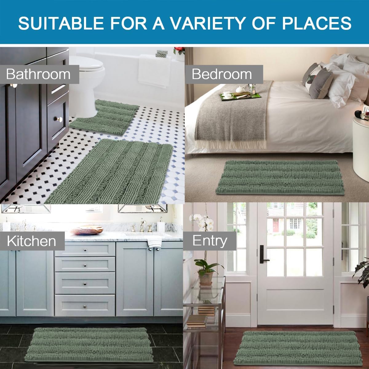 Sage Bathroom Rugs, Bath Mat Set of 2 Extra Thick Chenille Striped Pattern Shaggy Bath Rugs for Bath Room, Non Skid Bath Mats for Bathroom Floor (32 x 20 Plus 24 x 17 - Inches) - Colors A
