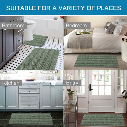 Sage Bathroom Rugs, Bath Mat Set of 2 Extra Thick Chenille Striped Pattern Shaggy Bath Rugs for Bath Room, Non Skid Bath Mats for Bathroom Floor (32 x 20 Plus 24 x 17 - Inches) - Colors A