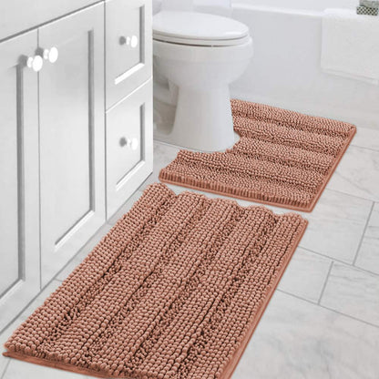 Sage Bathroom Rugs, Bath Mat Set of 2 Extra Thick Chenille Striped Pattern Shaggy Bath Rugs for Bath Room, Non Skid Bath Mats for Bathroom Floor (32 x 20 Plus 24 x 17 - Inches) - Colors A