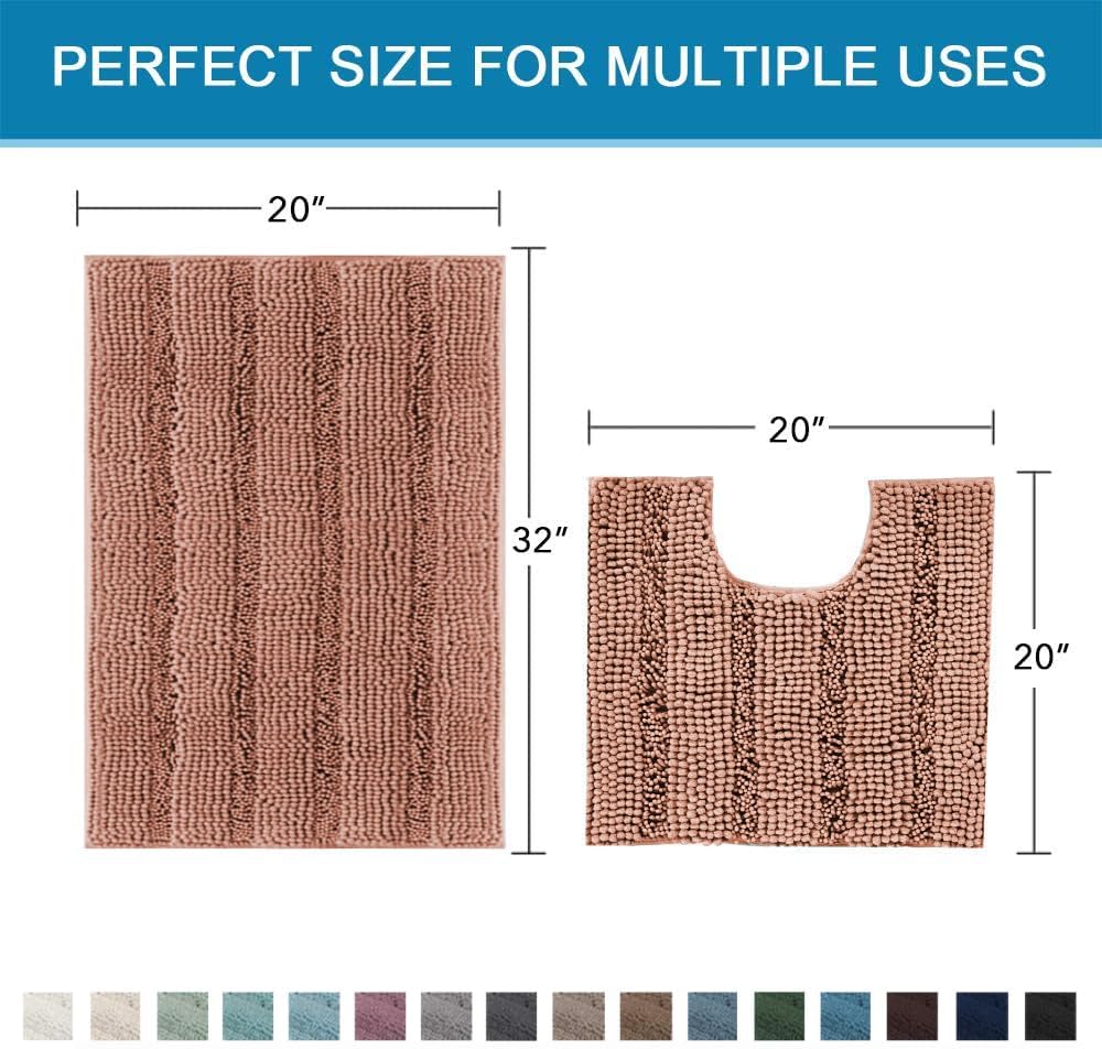 Sage Bathroom Rugs, Bath Mat Set of 2 Extra Thick Chenille Striped Pattern Shaggy Bath Rugs for Bath Room, Non Skid Bath Mats for Bathroom Floor (32 x 20 Plus 24 x 17 - Inches) - Colors A