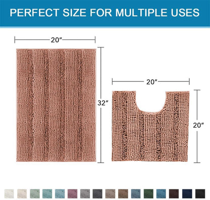 Sage Bathroom Rugs, Bath Mat Set of 2 Extra Thick Chenille Striped Pattern Shaggy Bath Rugs for Bath Room, Non Skid Bath Mats for Bathroom Floor (32 x 20 Plus 24 x 17 - Inches) - Colors A
