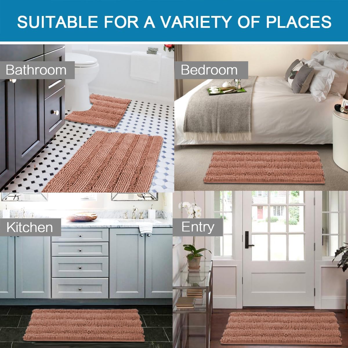 Sage Bathroom Rugs, Bath Mat Set of 2 Extra Thick Chenille Striped Pattern Shaggy Bath Rugs for Bath Room, Non Skid Bath Mats for Bathroom Floor (32 x 20 Plus 24 x 17 - Inches) - Colors A