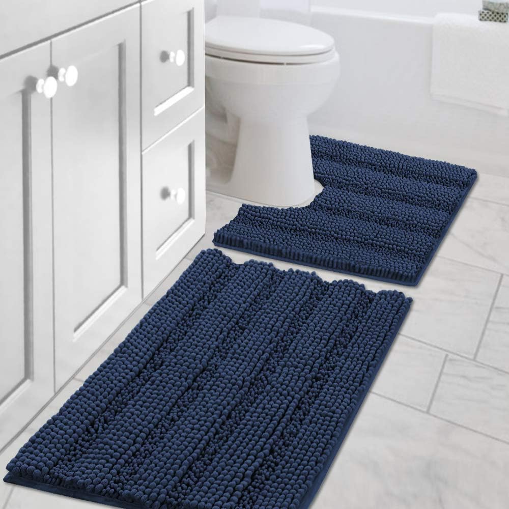 Sage Bathroom Rugs, Bath Mat Set of 2 Extra Thick Chenille Striped Pattern Shaggy Bath Rugs for Bath Room, Non Skid Bath Mats for Bathroom Floor (32 x 20 Plus 24 x 17 - Inches) - Colors A